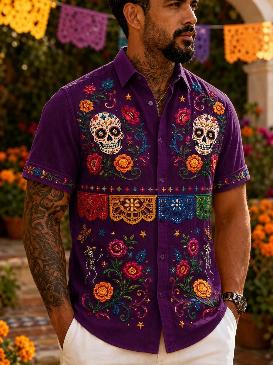 Camiseta de manga corta con estampado artístico de elementos culturales mexicanos del Día de los Muertos para hombre