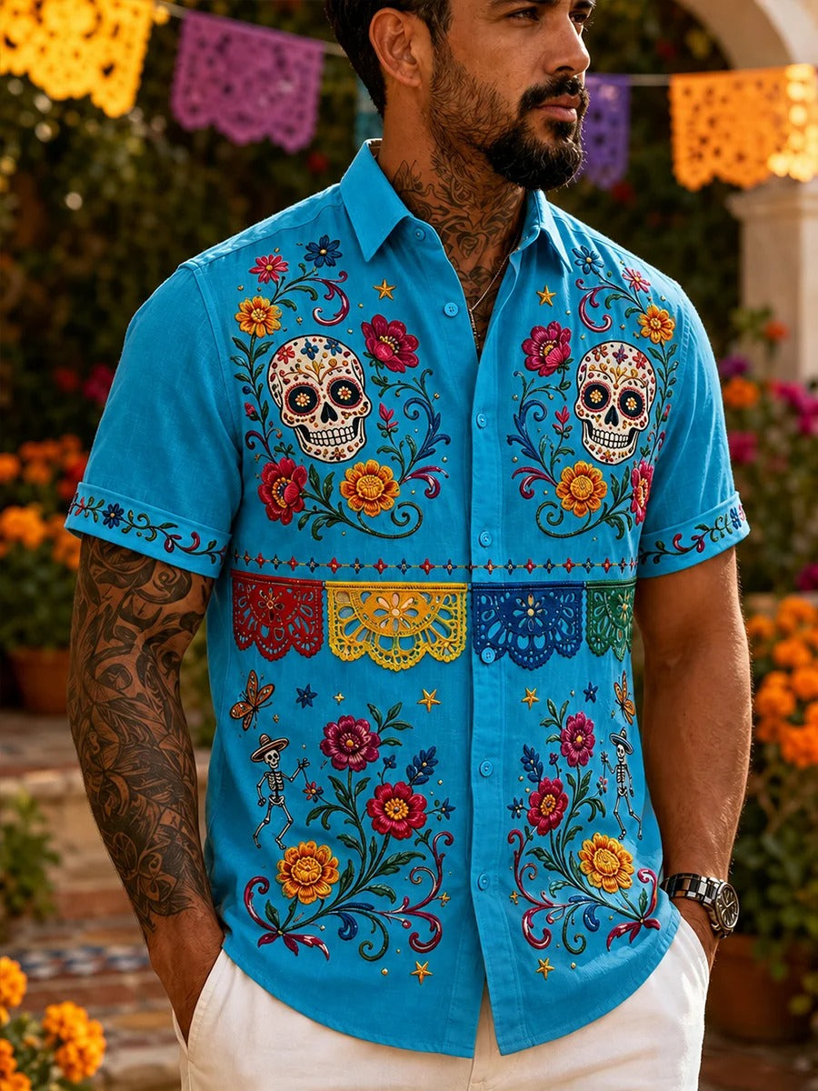 Camiseta de manga corta con estampado artístico de elementos culturales mexicanos del Día de los Muertos para hombre