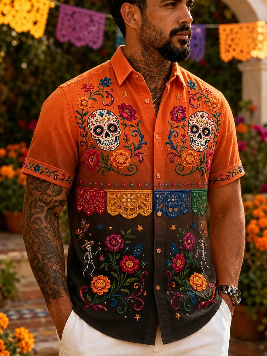Camiseta de manga corta con estampado artístico de elementos culturales mexicanos del Día de los Muertos para hombre