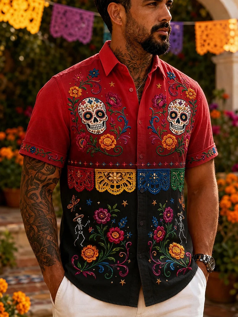 Camiseta de manga corta con estampado artístico de elementos culturales mexicanos del Día de los Muertos para hombre